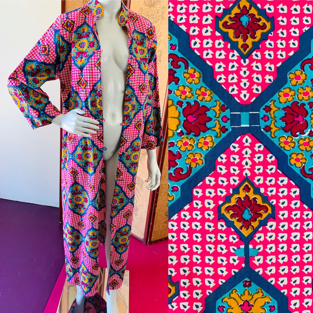 1970s Thai Wild Print Cotton Caftan with Frog Closures — vintage 1970s dress in pink