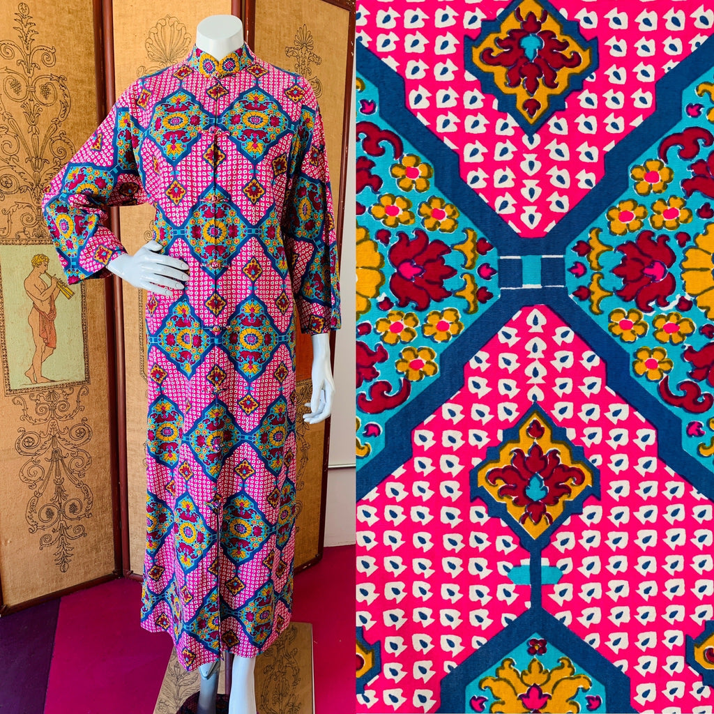 1970s Thai Wild Print Cotton Caftan with Frog Closures — vintage 1970s dress in pink