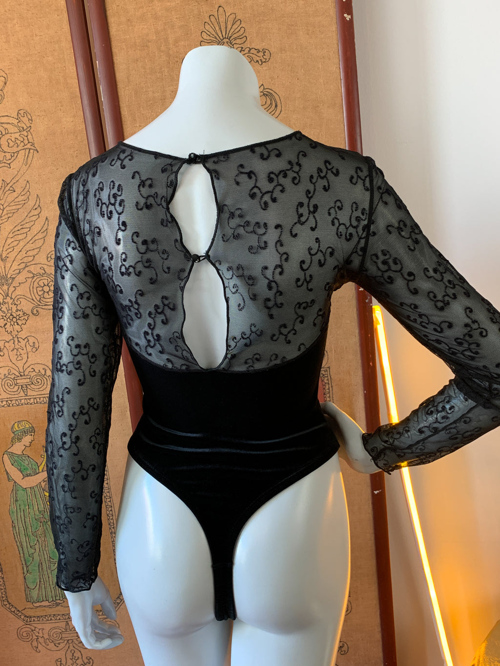 Black Velvet Mesh Thong Bodysuit — vintage 1990s top in black