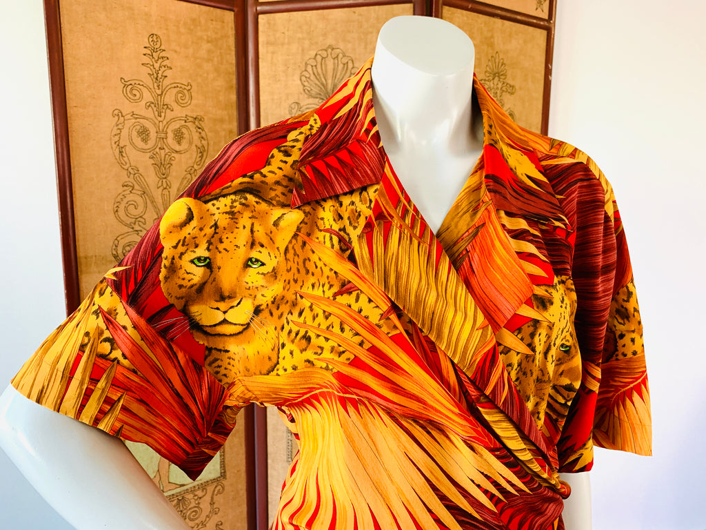 Silk Leopard Print Wrap Dress — vintage 1980s Linda Allard for Ellen Tracy dress in red, orange, brown