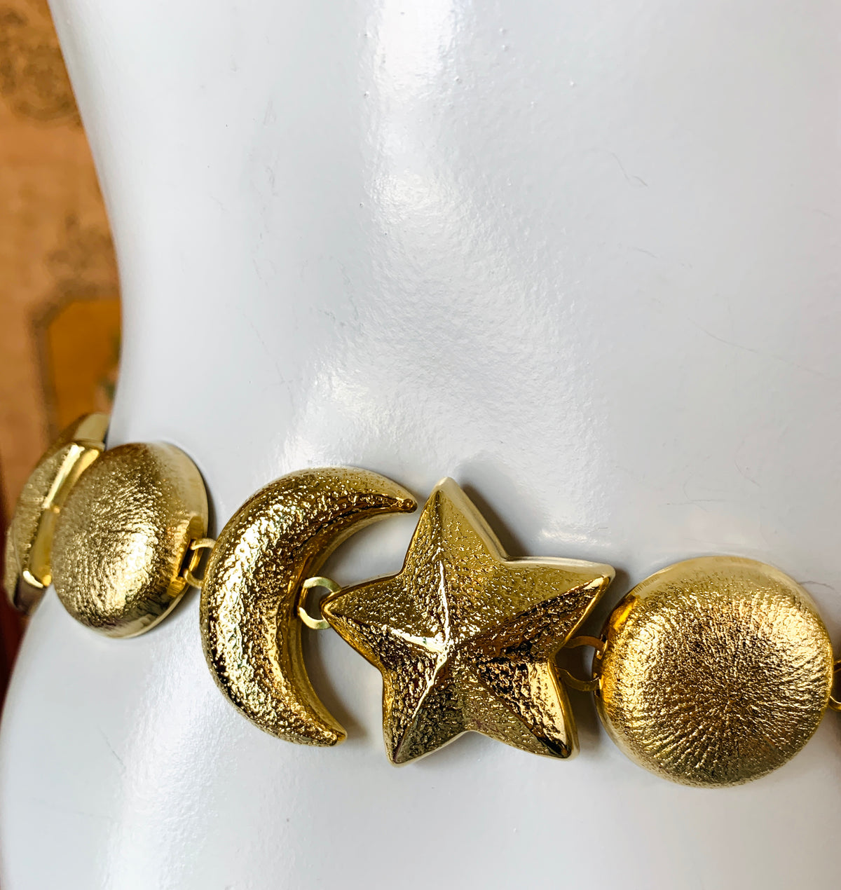 Cosmic Gold Moon & Stars Belt — vintage 1990s belt in gold