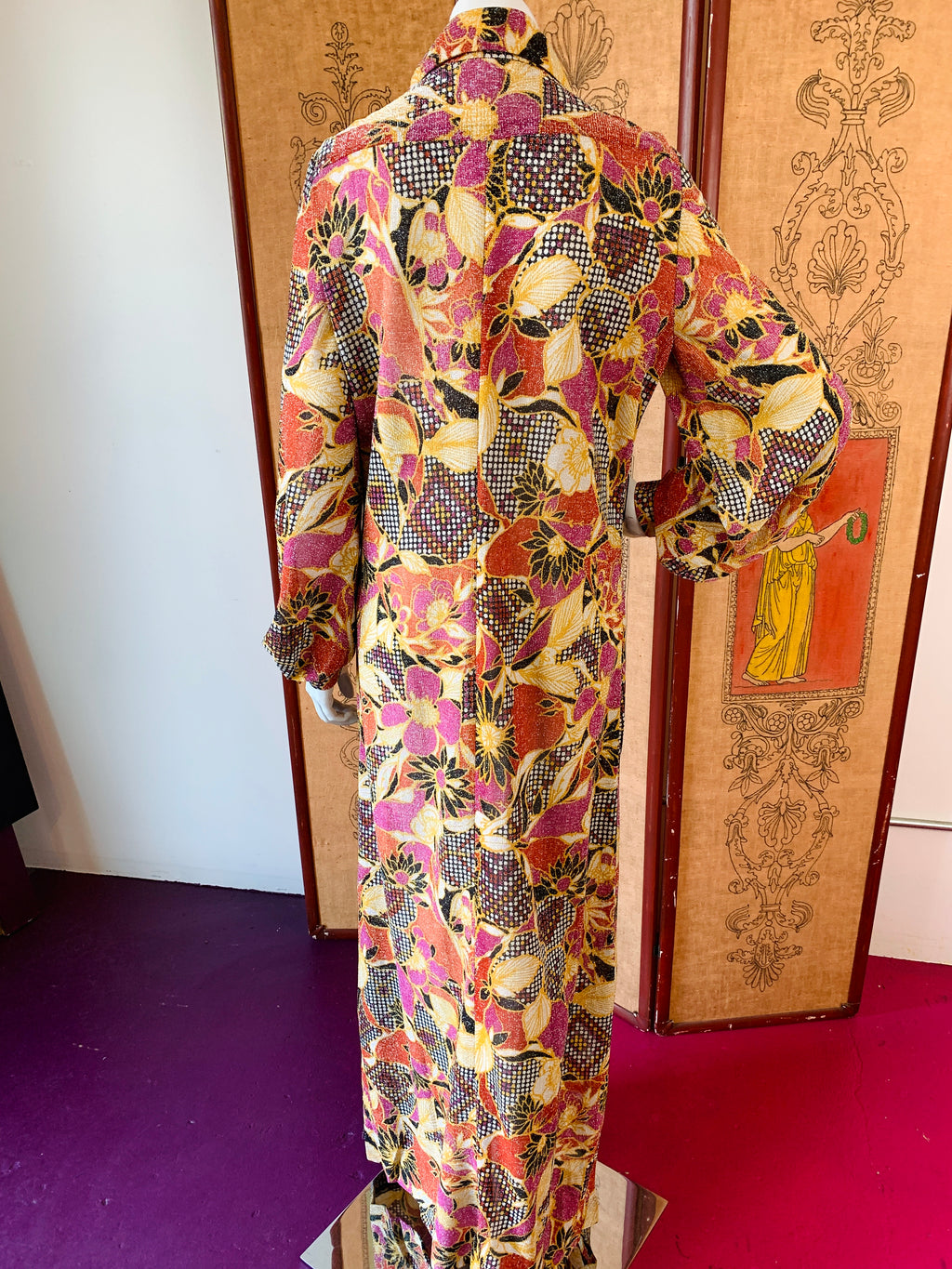 1970s Metallic Disco Maxi Dress Duster with Rhinestone Buttons — vintage 1970s dress in multicolour