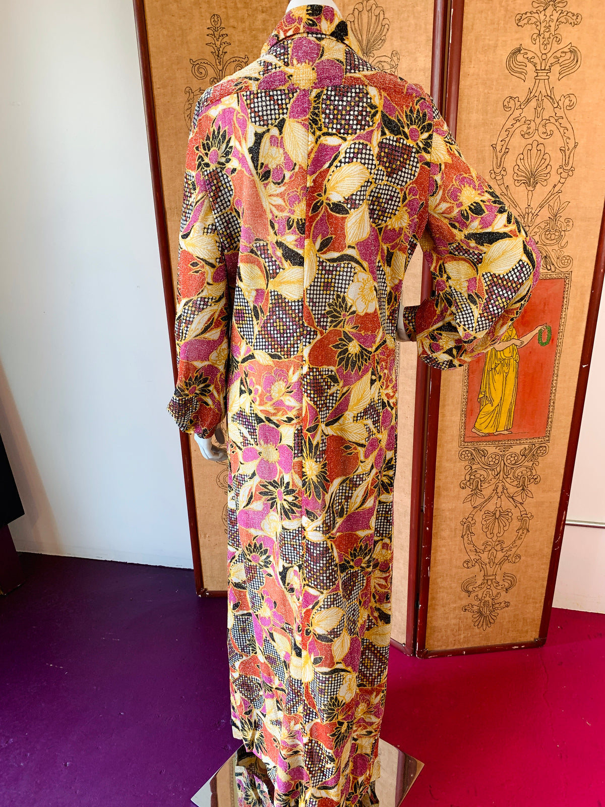 1970s Metallic Disco Maxi Dress Duster with Rhinestone Buttons — vintage 1970s dress in multicolour