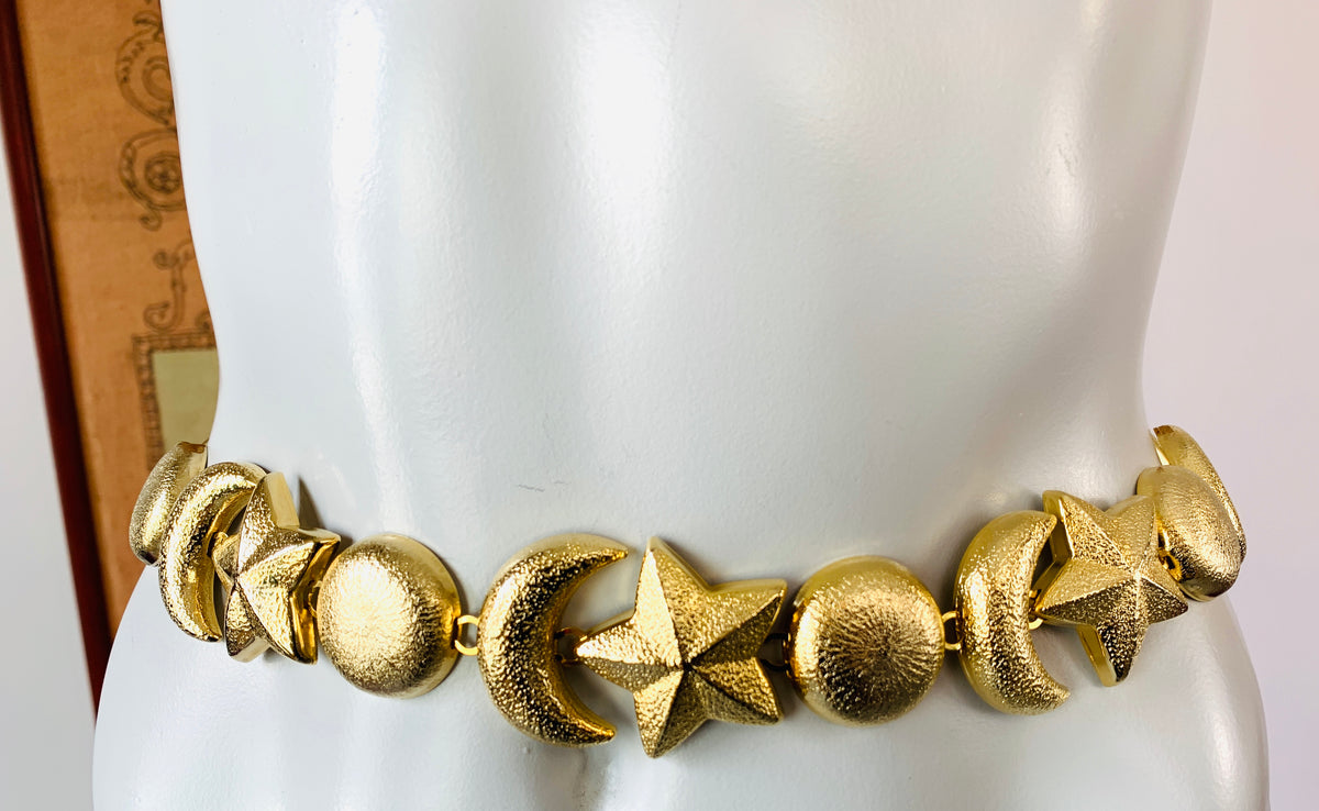 Cosmic Gold Moon & Stars Belt — vintage 1990s belt in gold