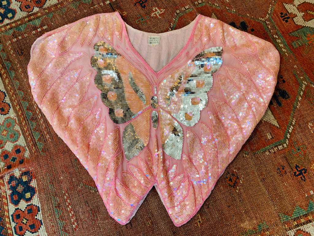 Pink Sequin Butterfly Silk Blouse — vintage 1980s top in pink