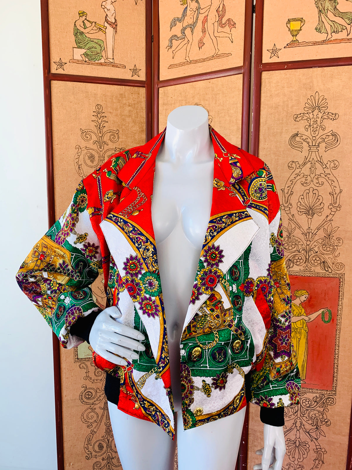 Royal Treasure Print 80s Jacket — vintage 1980s jacket in black, gold