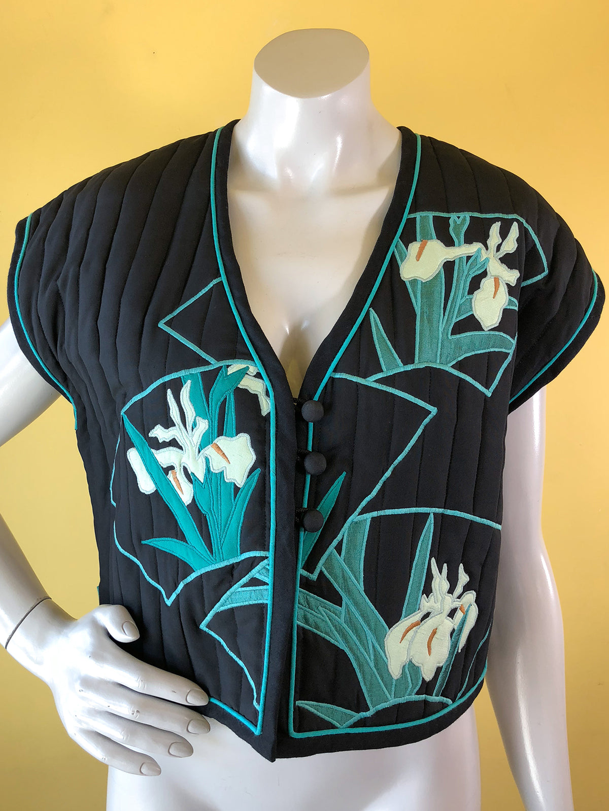 White Duck Workshop Art to Wear Applique Quilted Vest, sold exclusively at Empress Vintage in Berkeley, CA.
