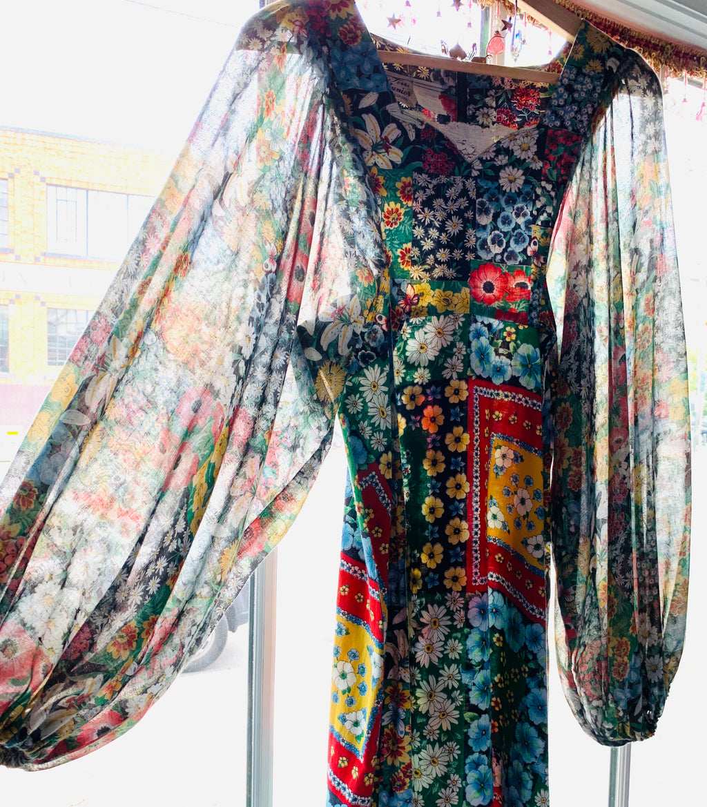 70s Flower Power Patchwork Print Balloon Sleeve Maxi Dress — vintage 1970s dress