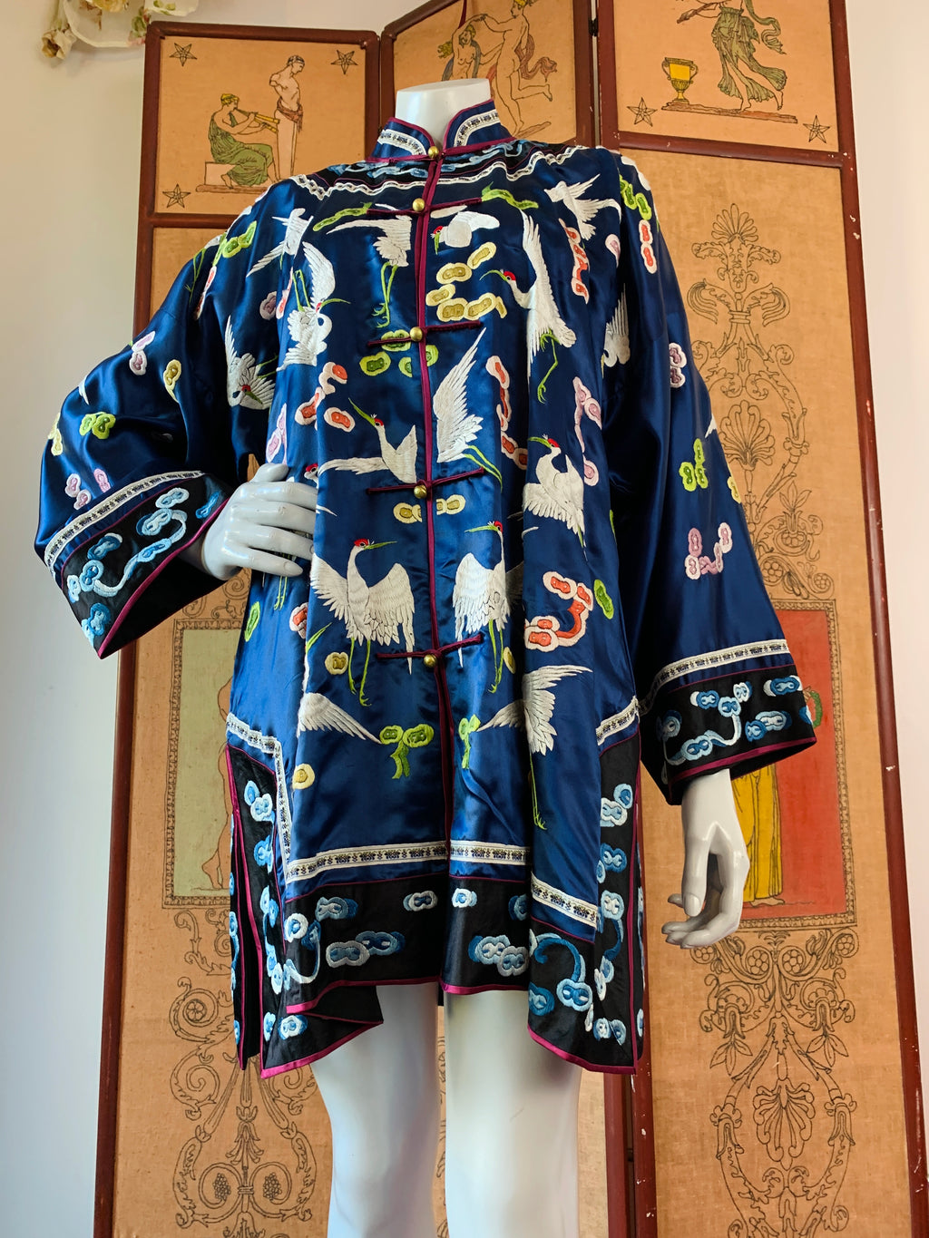 Embroidered Birds & Clouds Silk Chinese Robe — vintage dress in black, gold, blue