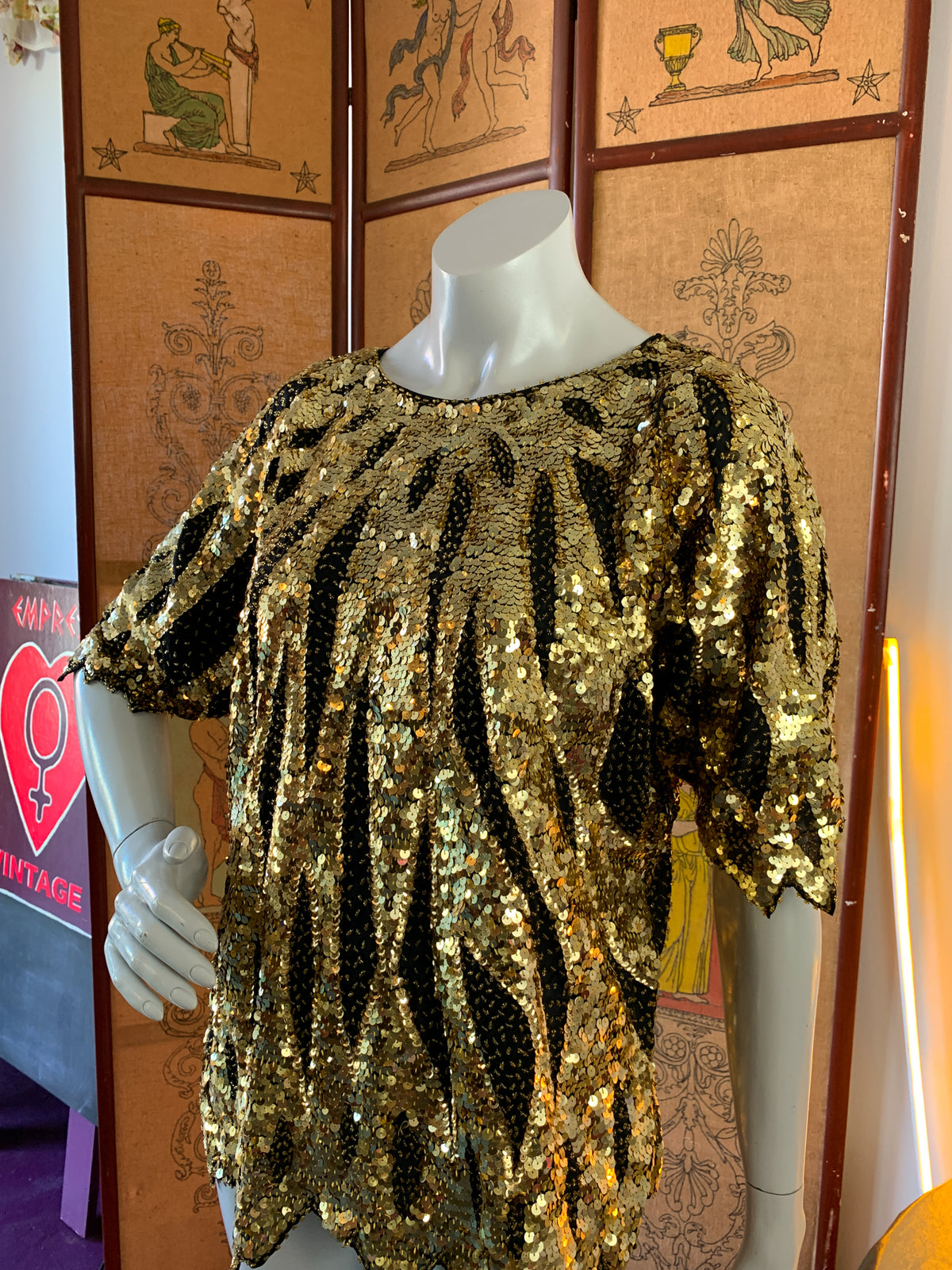 Gold Sequin & Beaded Semi Sheer Fairy Hem Top — vintage 1980s top in gold
