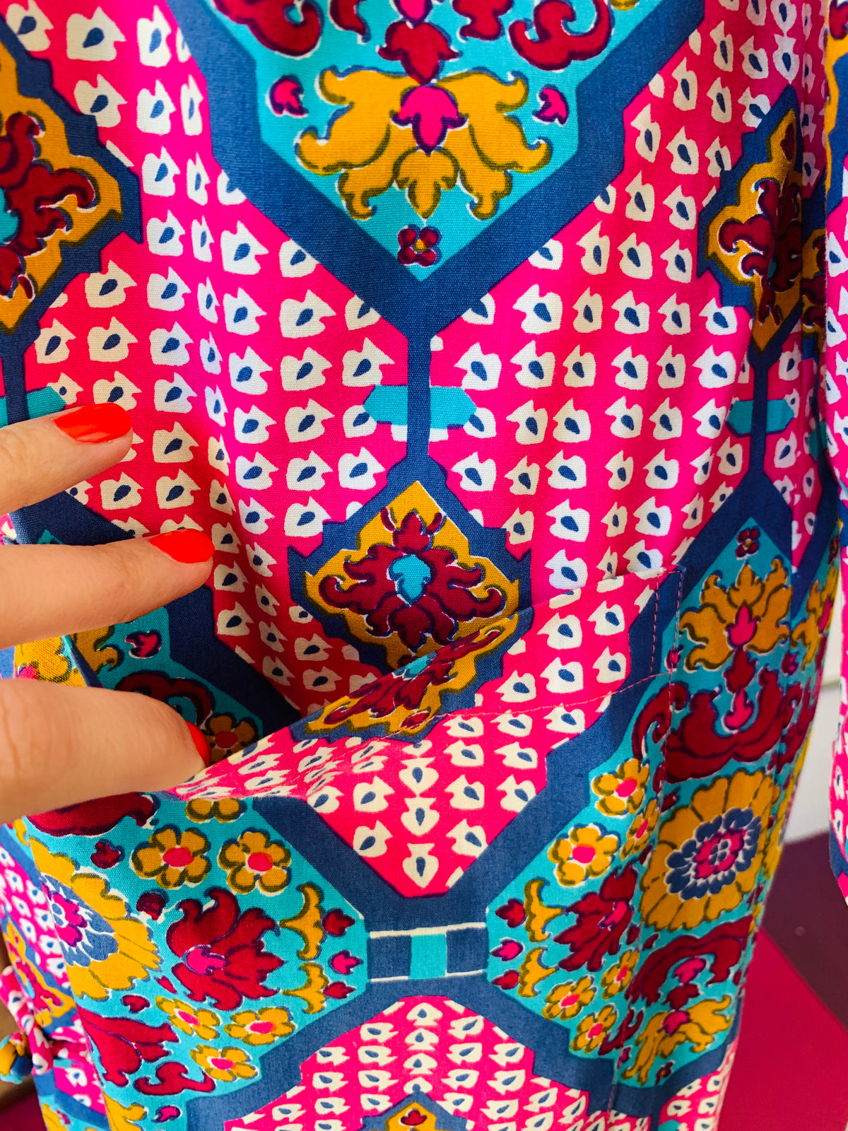 1970s Thai Wild Print Cotton Caftan with Frog Closures — vintage 1970s dress in pink