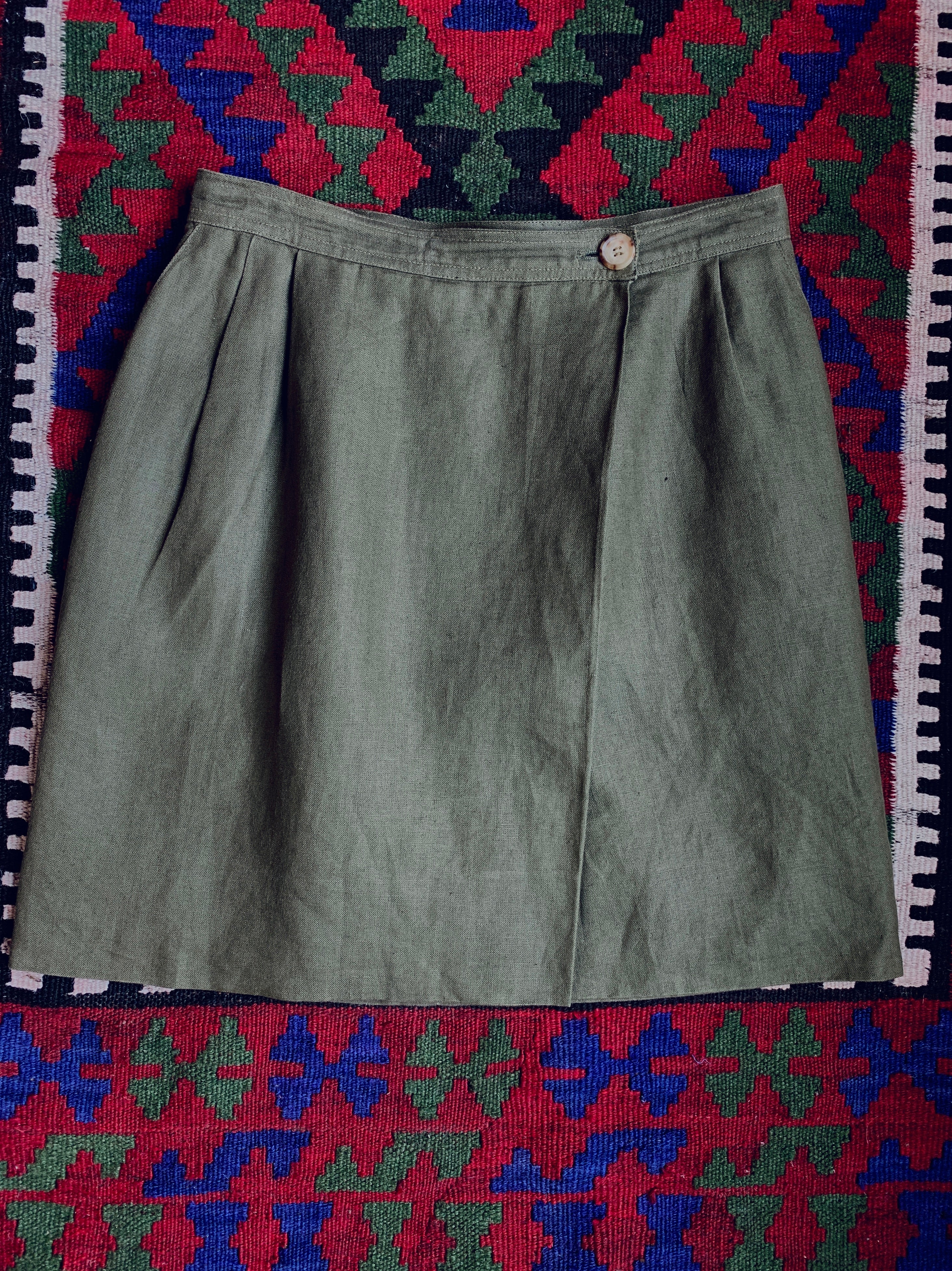 Yves Saint Laurent Rive Gauche Olive Linen Skirt with Pockets 
