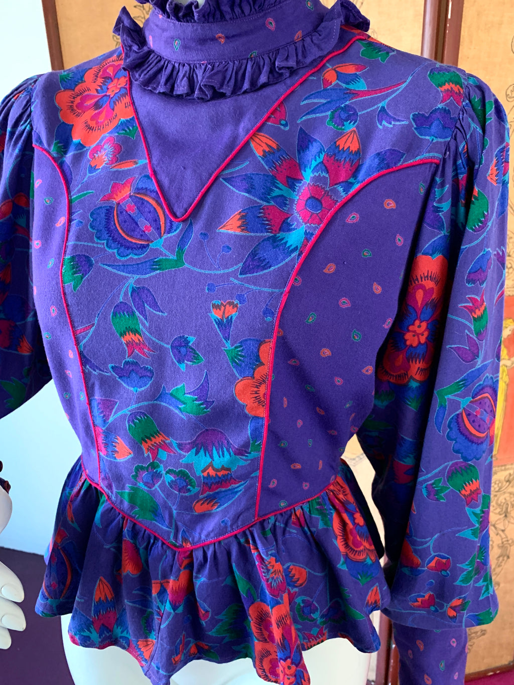 Purple Floral Poet Sleeve Blouse Made in India — vintage 1980s MicheL top in purple