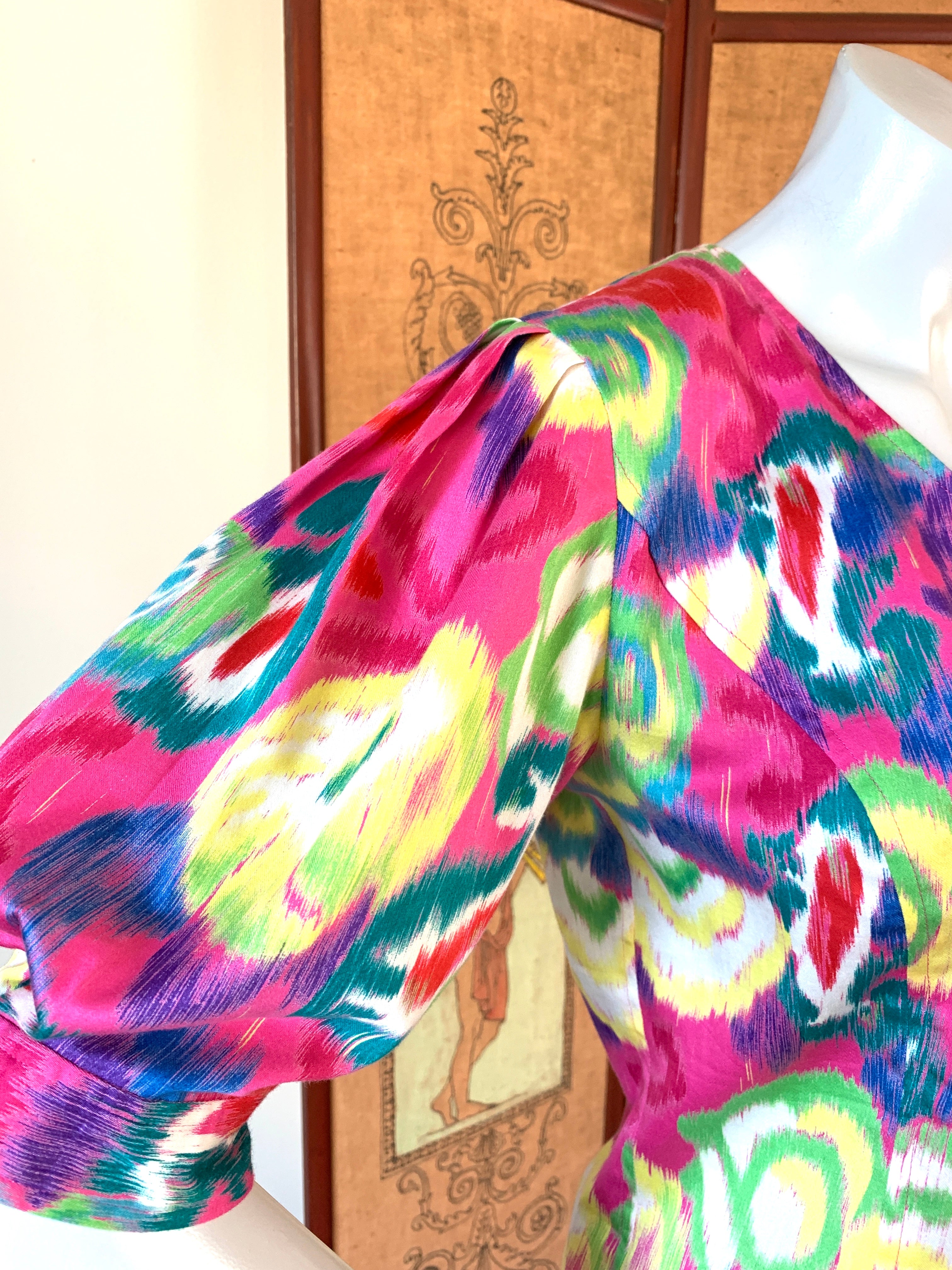Ungaro Designer 90s Puff Sleeve Blouse — vintage 1990s Ungaro top in pink, multicolour