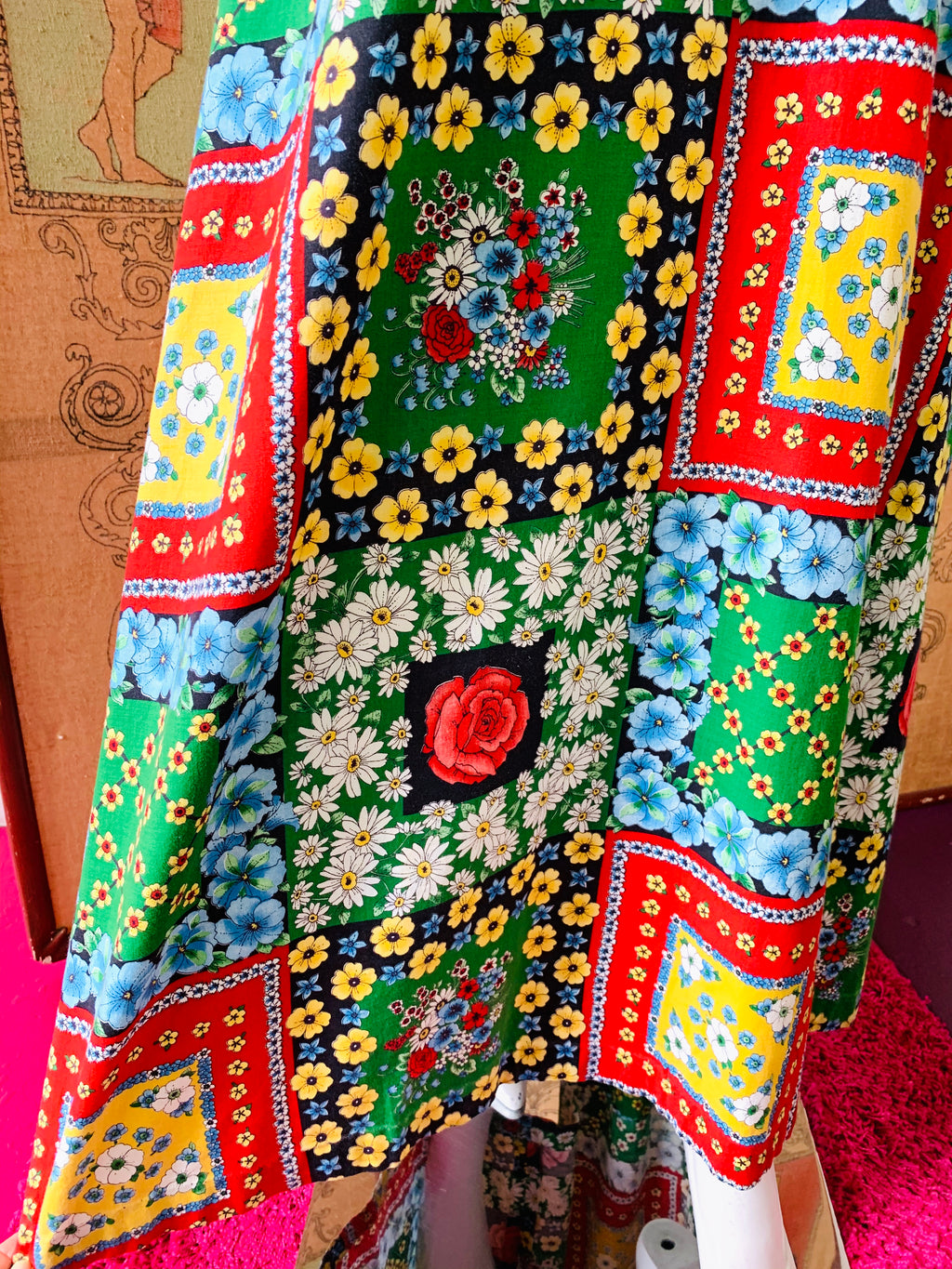 70s Flower Power Patchwork Print Balloon Sleeve Maxi Dress — vintage 1970s dress