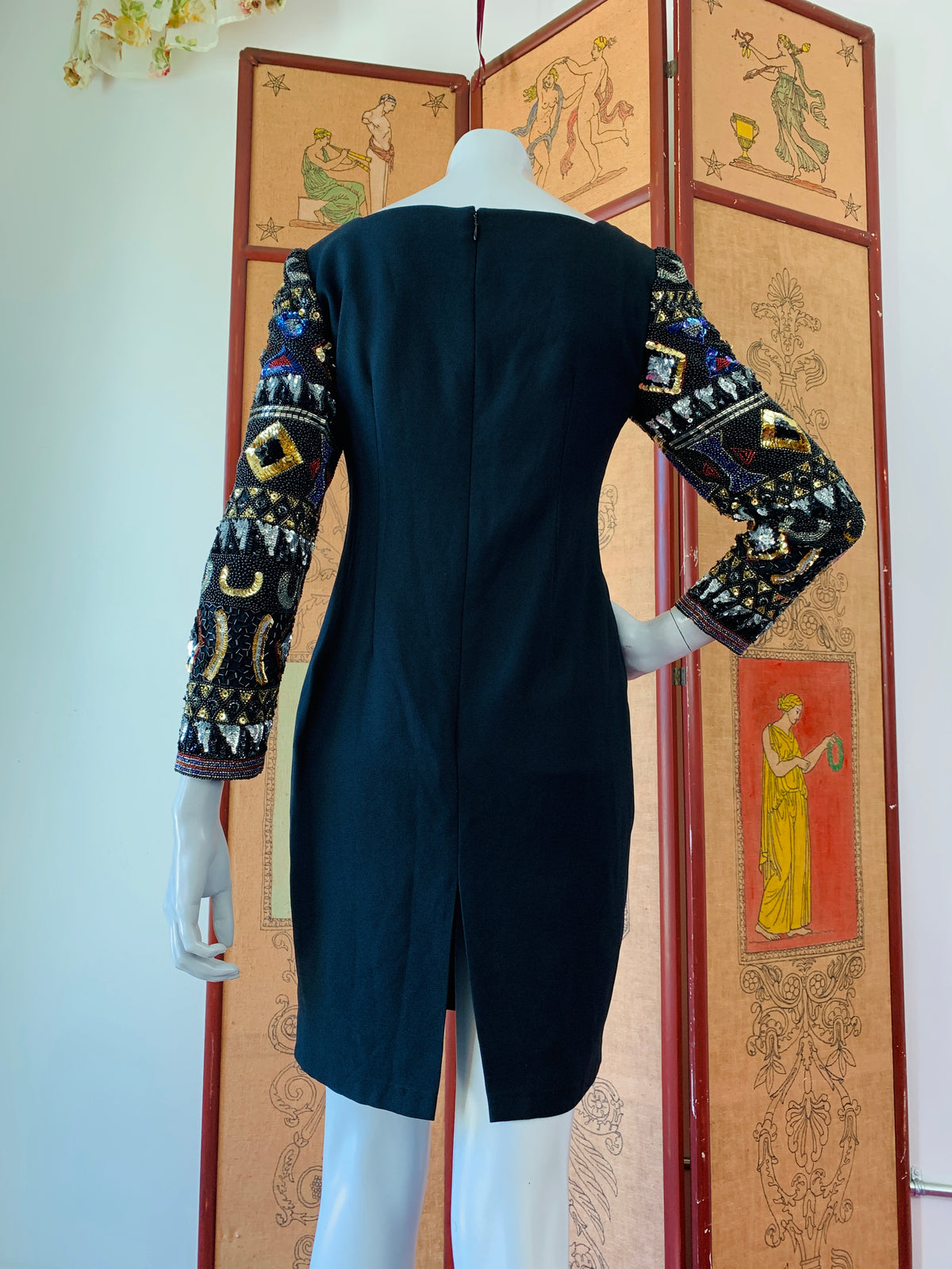 Black Party Dress with Sequin & Beaded Sleeves — vintage 1990s A.J. Bari dress in black