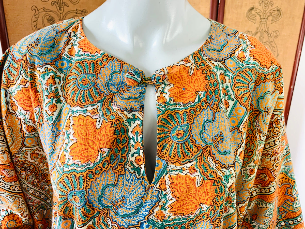 1970s Block Print Cotton Paisley Caftan — vintage 1970s dress