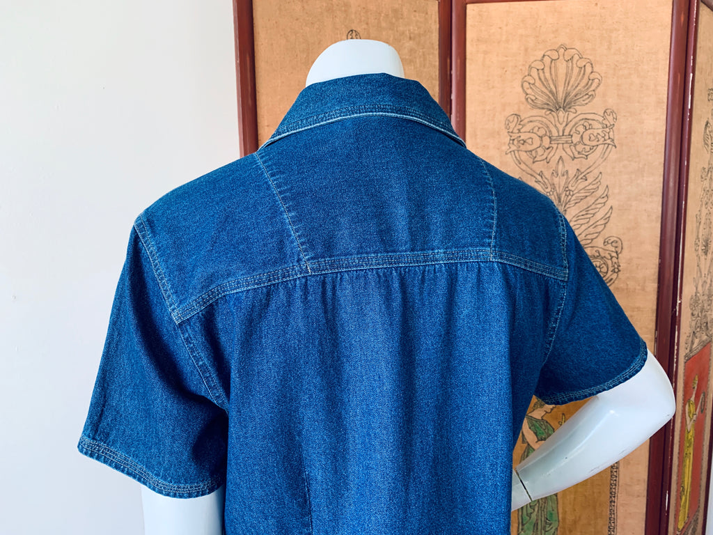 Bill Blass Zip Up Denim Short Sleeve Shirt — vintage Bill Blass top in blue