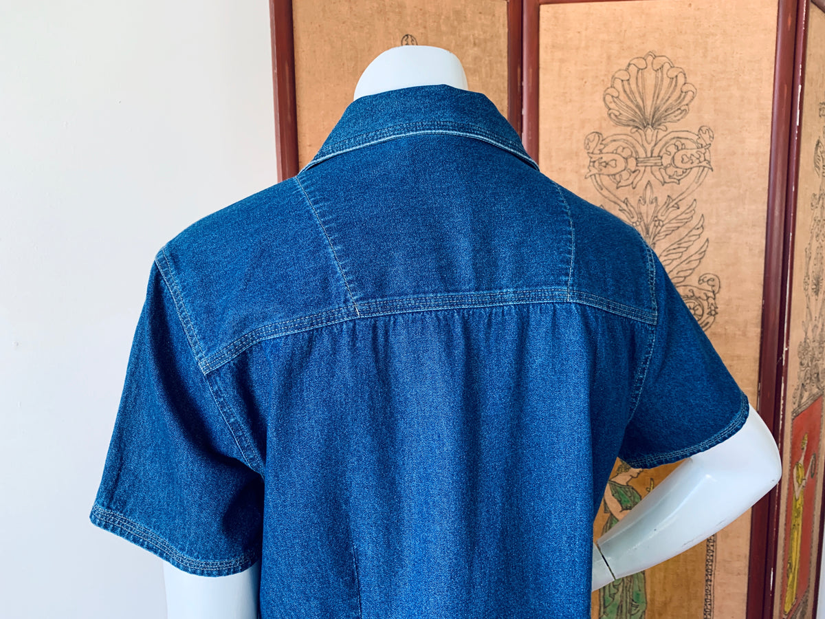 Bill Blass Zip Up Denim Short Sleeve Shirt — vintage Bill Blass top in blue