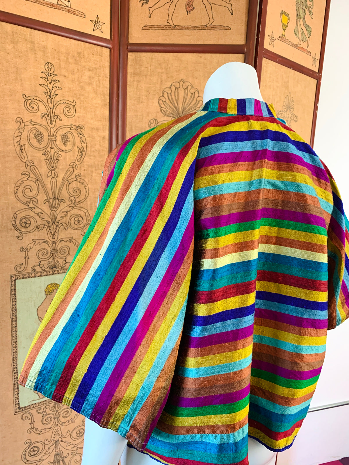 Silk Rainbow Striped Mini Kimono Duster — vintage 1990s Emily Wetherby jacket in multicolour