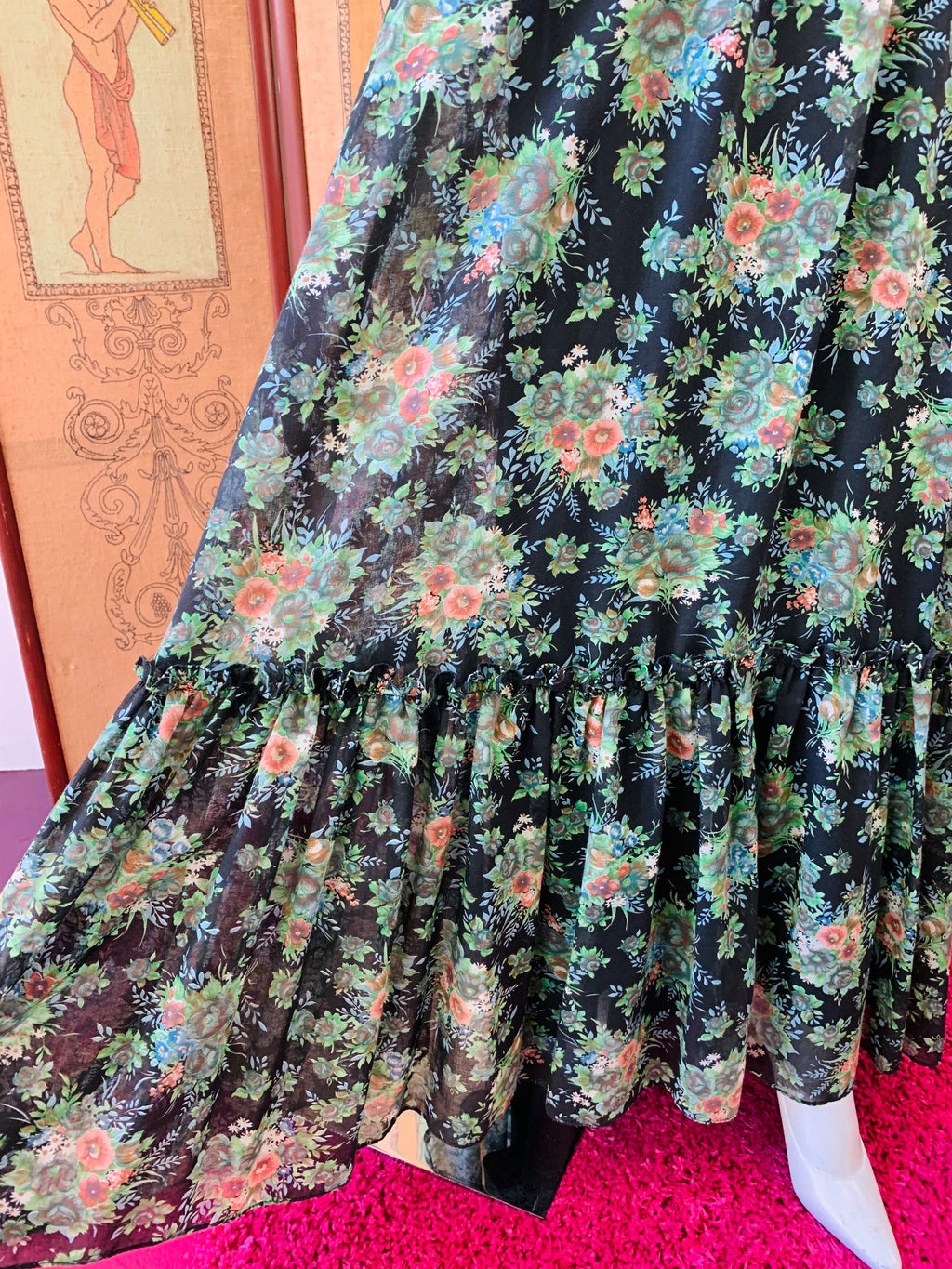 Crochet Detailed 1970s Midnight Floral Flutter Sleeve Maxi Dress — vintage 1970s Candi Jones dress in black