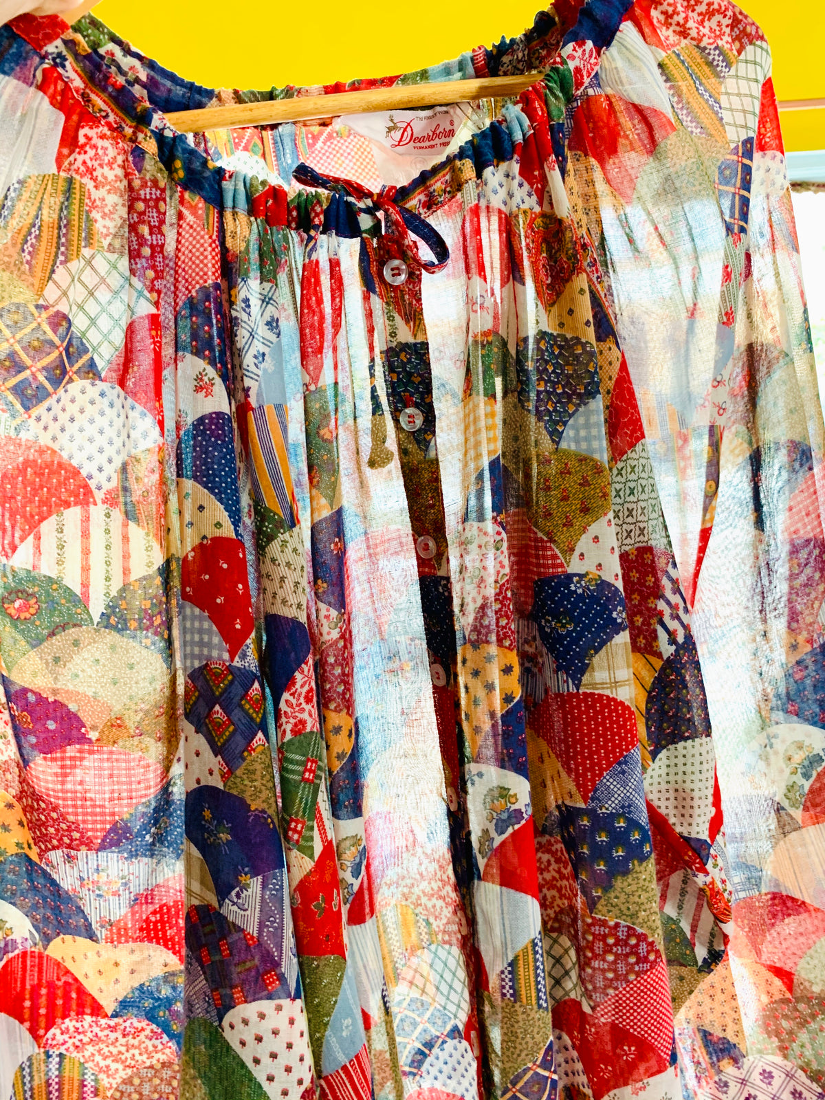 Balloon Sleeve Semi-Sheer Patchwork Print Blouse — vintage 1970s top
