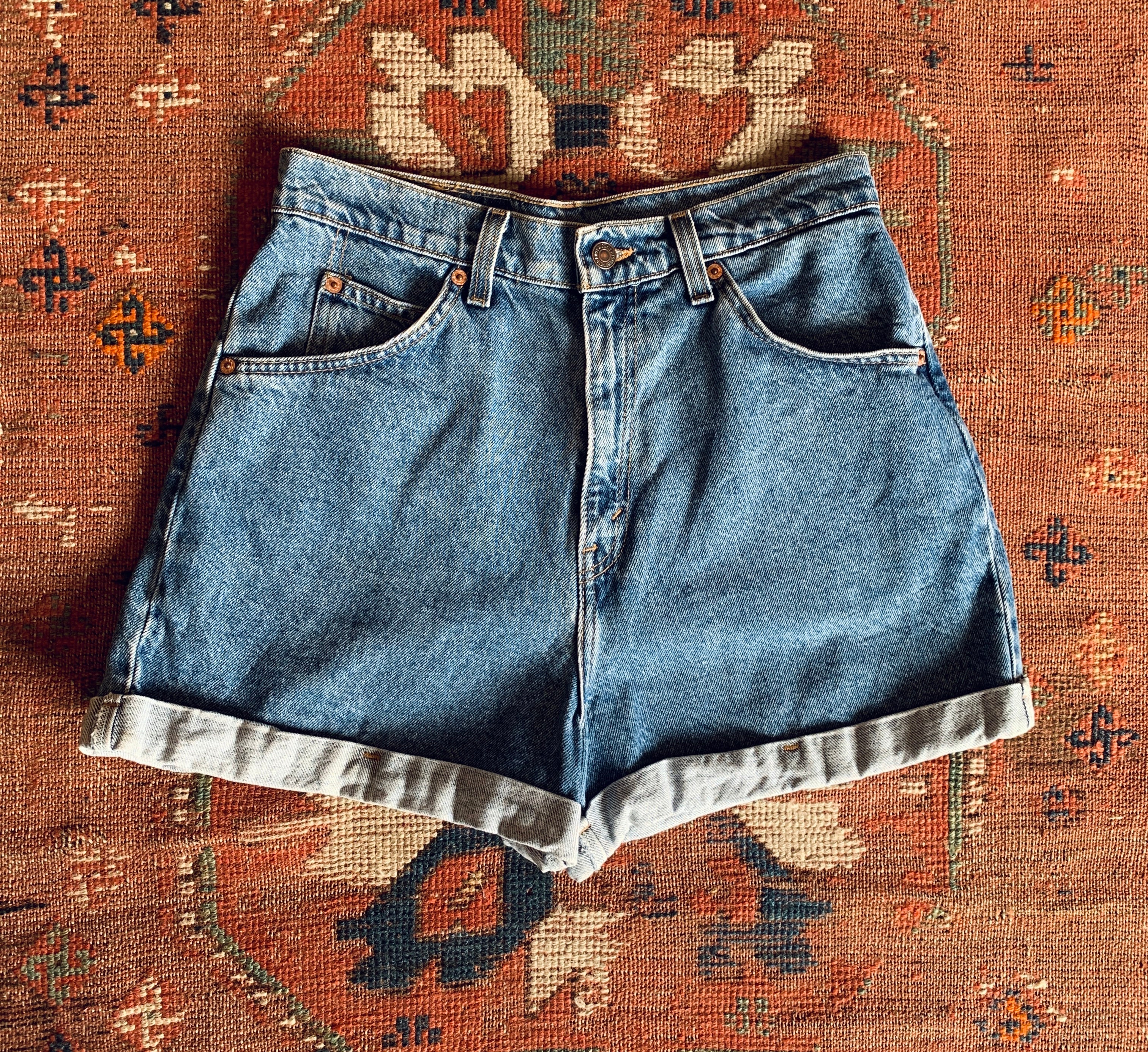 Orange Tab Levi's High Waisted Denim Shorts — vintage 1990s Levi's bottoms in orange, blue