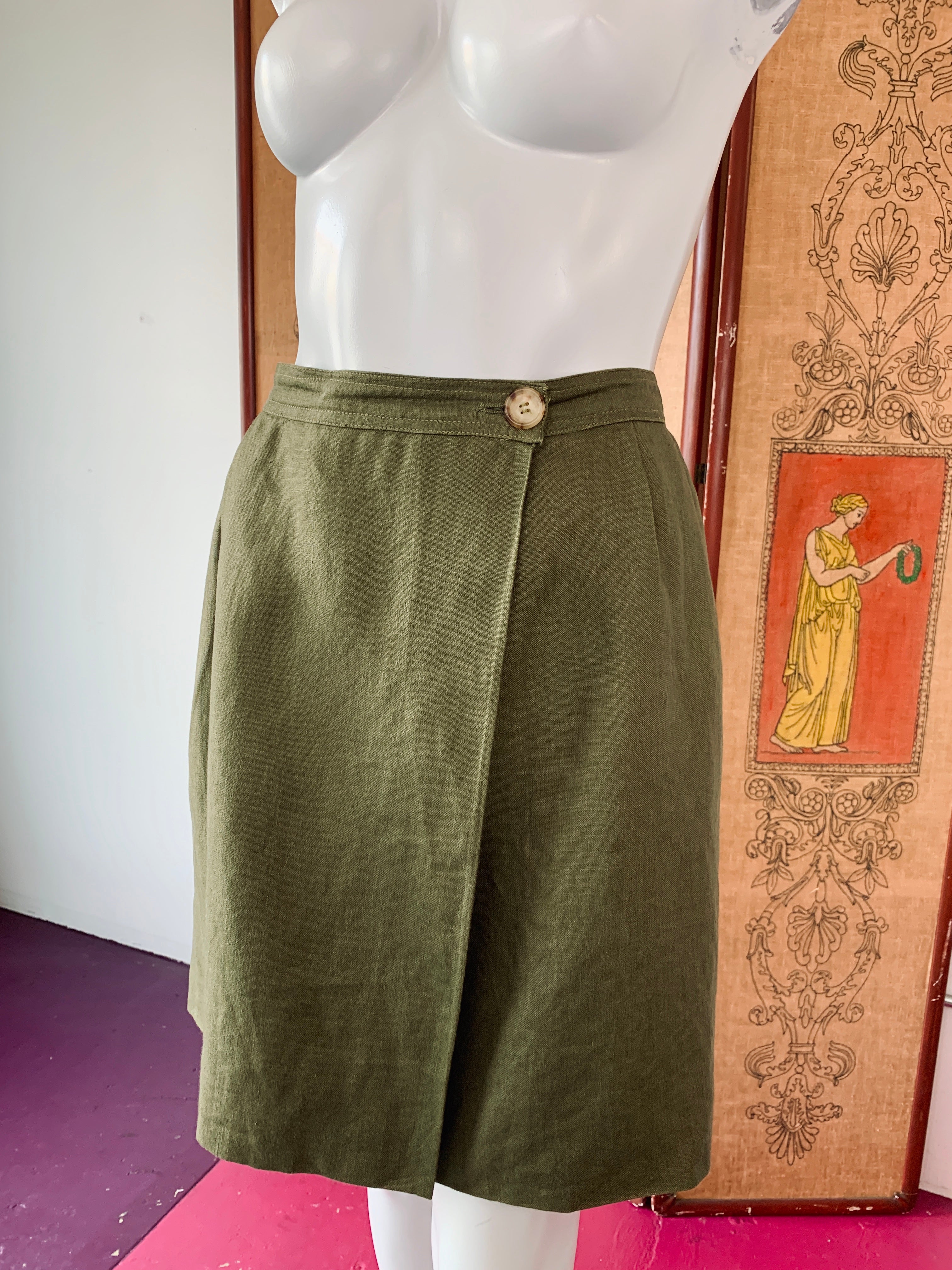 Yves Saint Laurent Rive Gauche Olive Linen Skirt with Pockets — vintage 1990s Yves Saint Laurent bottoms in green