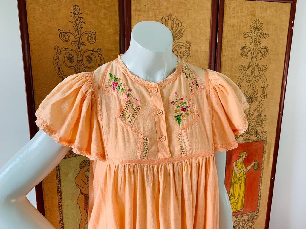 Peach Indian Cotton Embroidered Dress — vintage dress in orange
