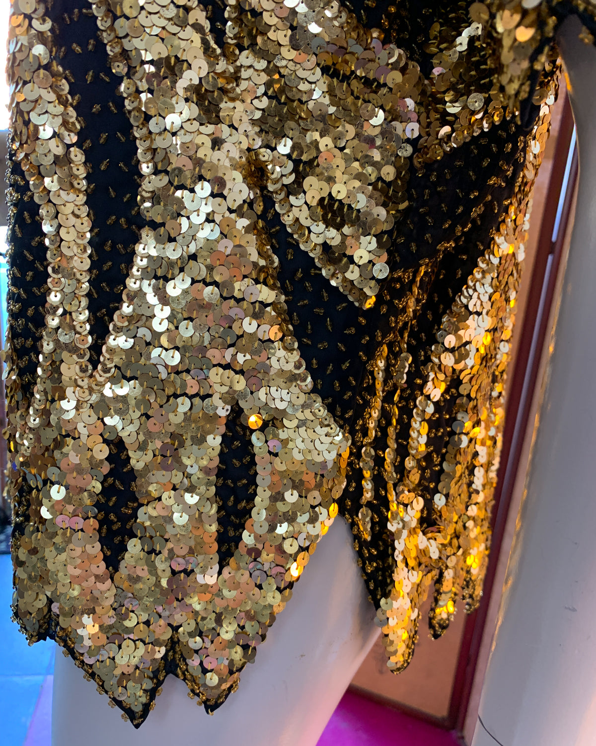 Gold Sequin & Beaded Semi Sheer Fairy Hem Top — vintage 1980s top in gold