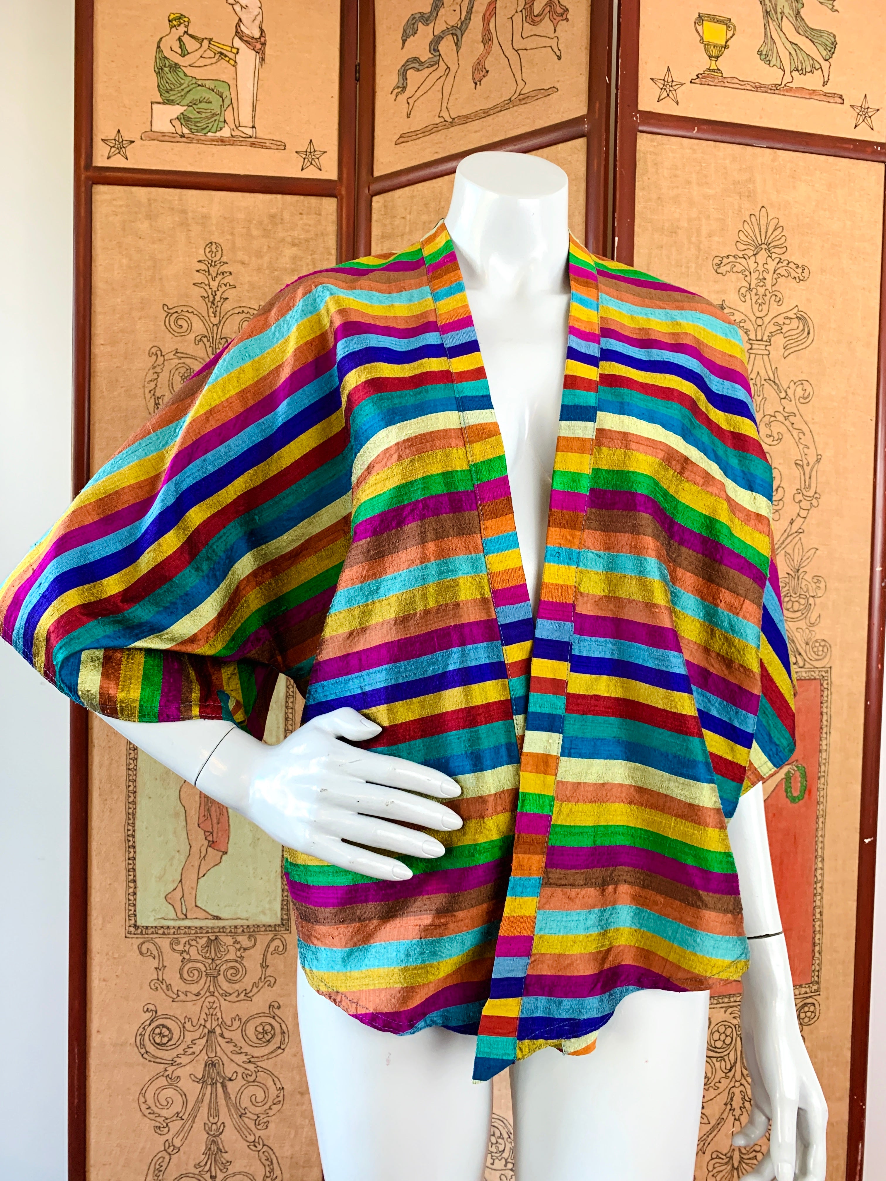Silk Rainbow Striped Mini Kimono Duster — vintage 1990s Emily Wetherby jacket in multicolour