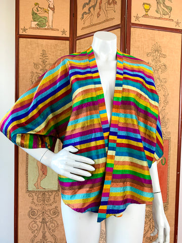 Silk Rainbow Striped Mini Kimono Duster