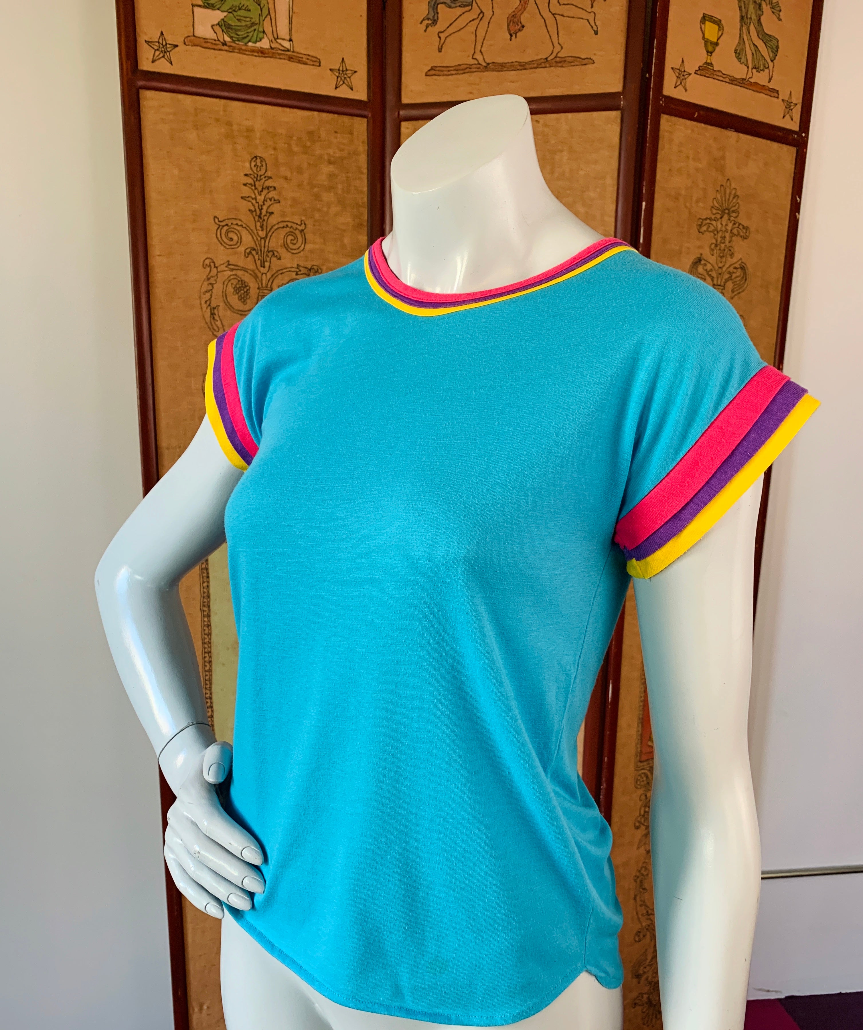 Turquoise Blue T-Shirt with Triple Layered Details — vintage 1990s top in blue