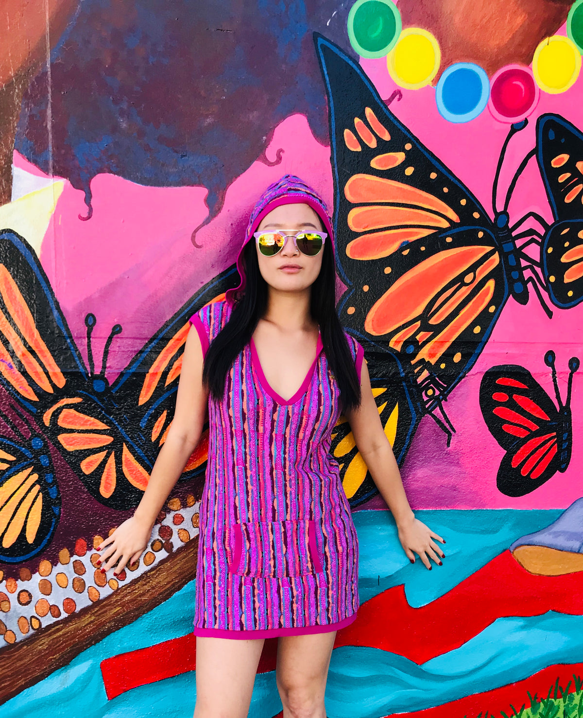 Coogi Pink Colorful Hooded Mini Dress — vintage 1990s Coogi dress in pink