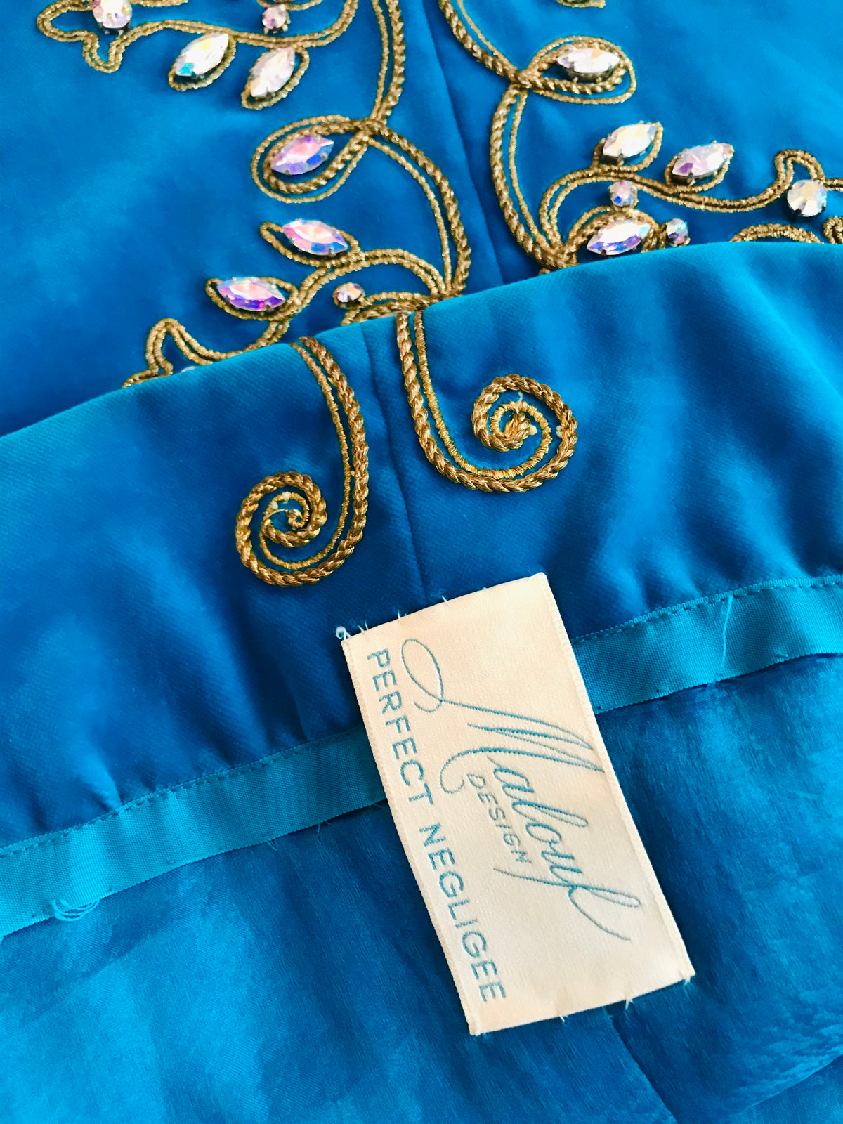 Turquoise High Priestess 1960s Bejeweled Velvet Caftan — vintage 1960s Malouf Design caftan in blue