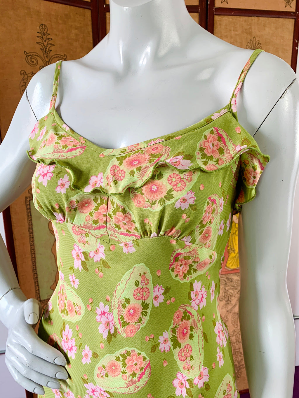 Sage Green Betsey Johnson 90s Pink Floral Satin Dress — vintage 1990s Betsey Johnson dress in pink, green