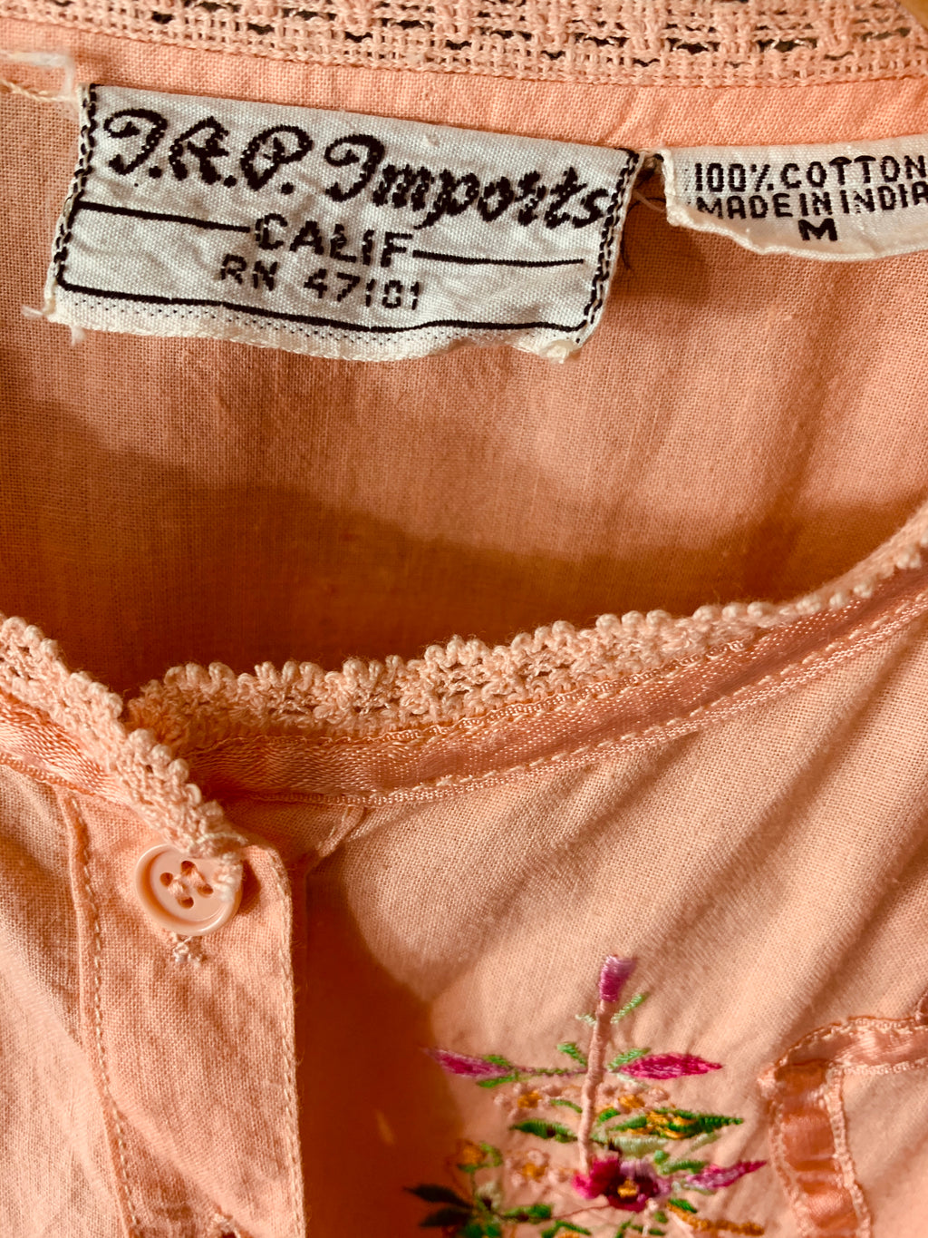 Peach Indian Cotton Embroidered Dress — vintage dress in orange