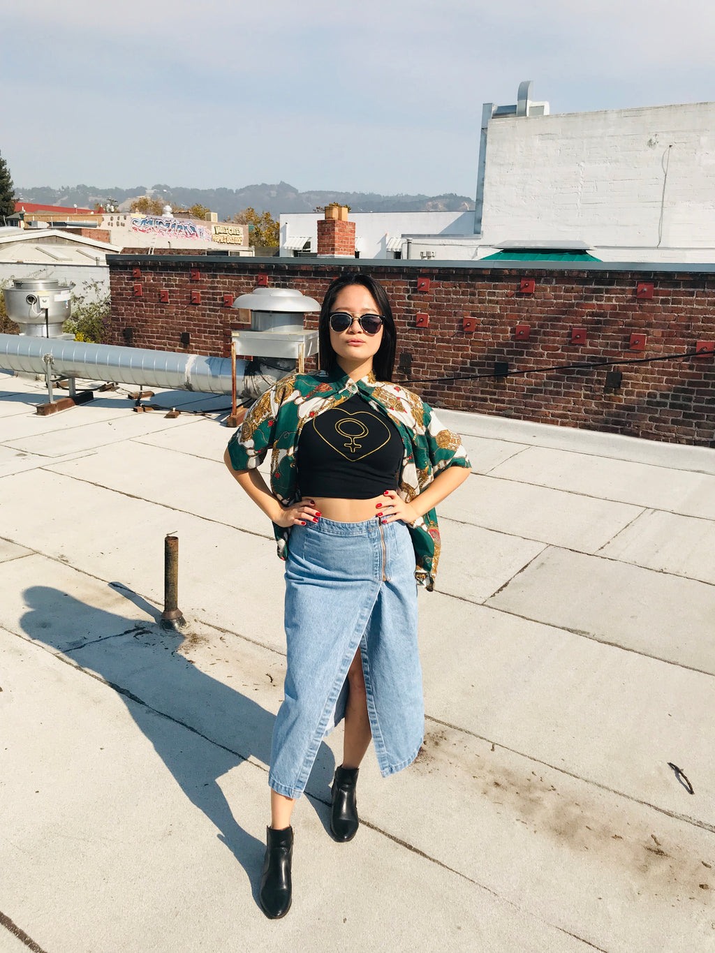SOLD OUT Empress Signature Silk Royal Goddess Print Button Up Shirt — vintage top in white, gold, green