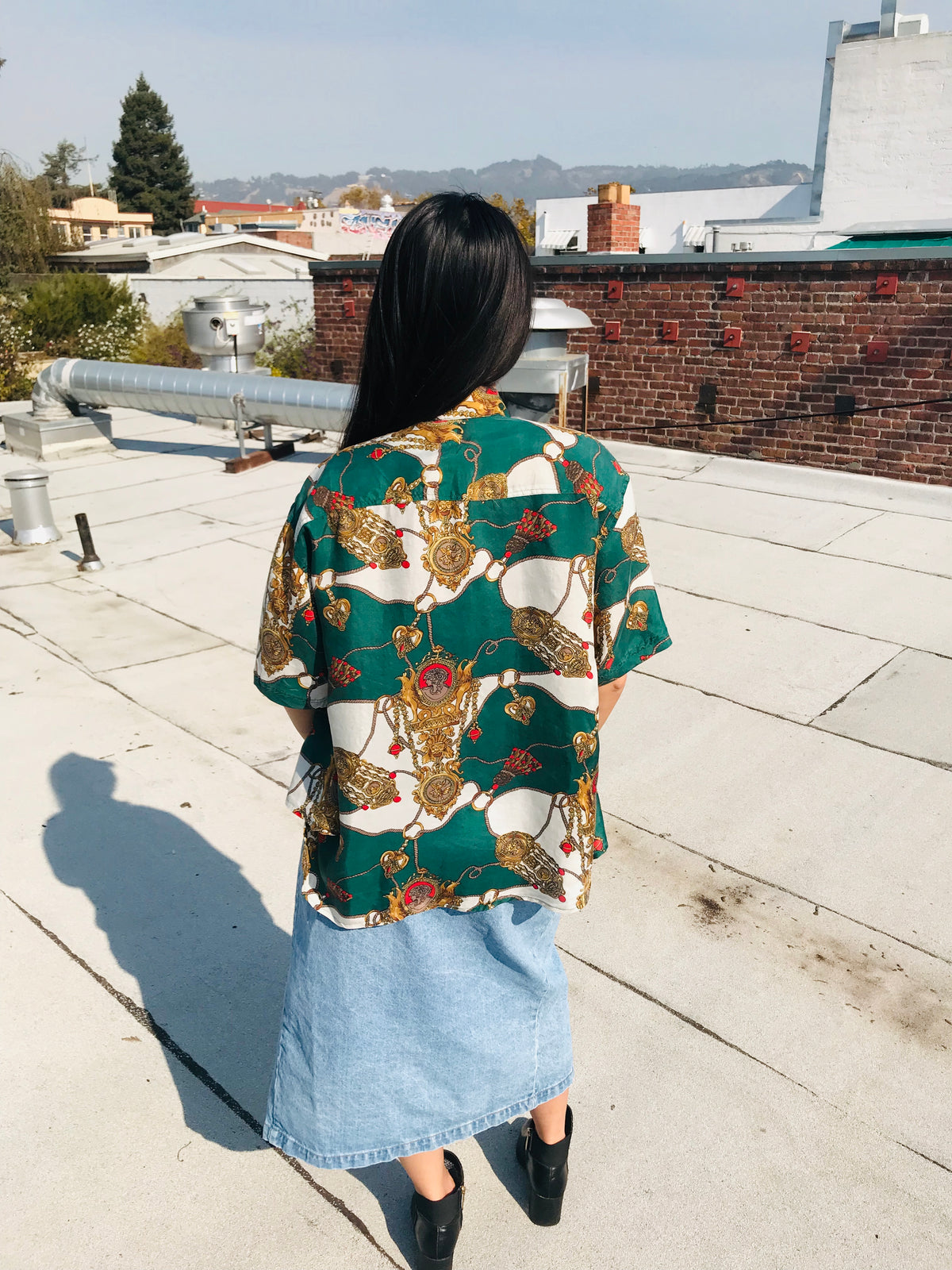 SOLD OUT Empress Signature Silk Royal Goddess Print Button Up Shirt — vintage top in white, gold, green