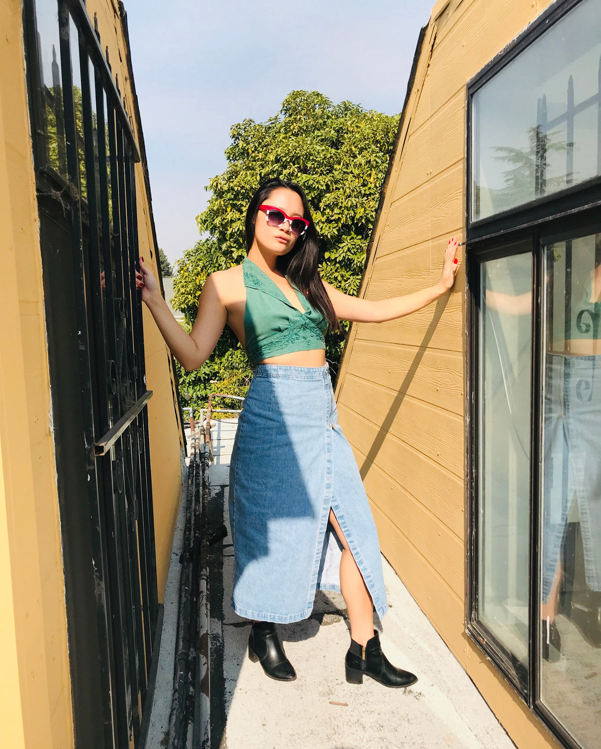 Guess Vintage Denim Maxi Skirt w/ Side Zipper & Slit — vintage Guess bottoms in blue