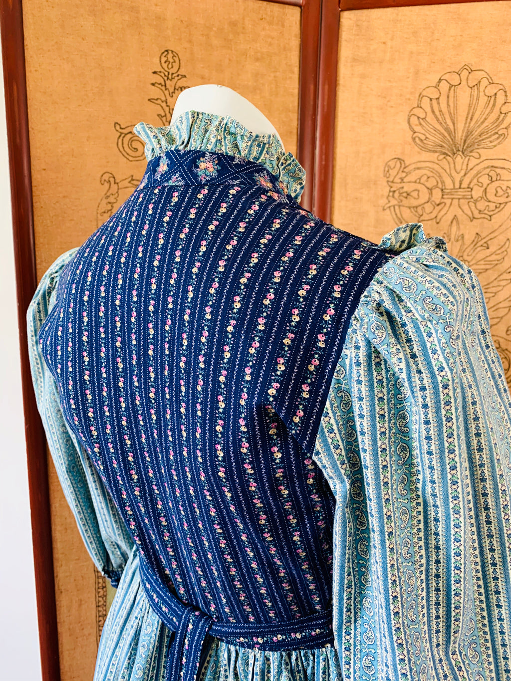 Blue Floral 1970s xs Handmade Pintuck Prairie Dress — vintage 1970s dress in blue