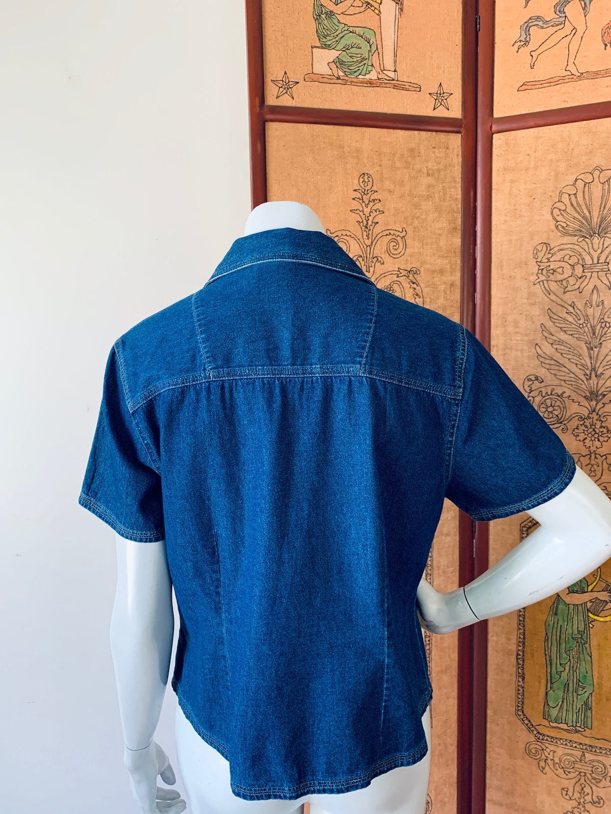 Bill Blass Zip Up Denim Short Sleeve Shirt — vintage Bill Blass top in blue
