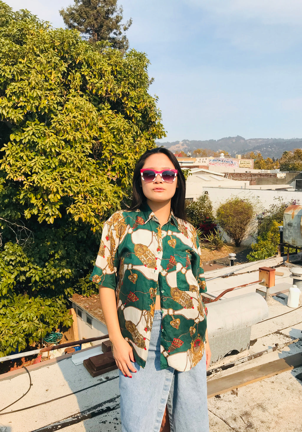 SOLD OUT Empress Signature Silk Royal Goddess Print Button Up Shirt — vintage top in white, gold, green