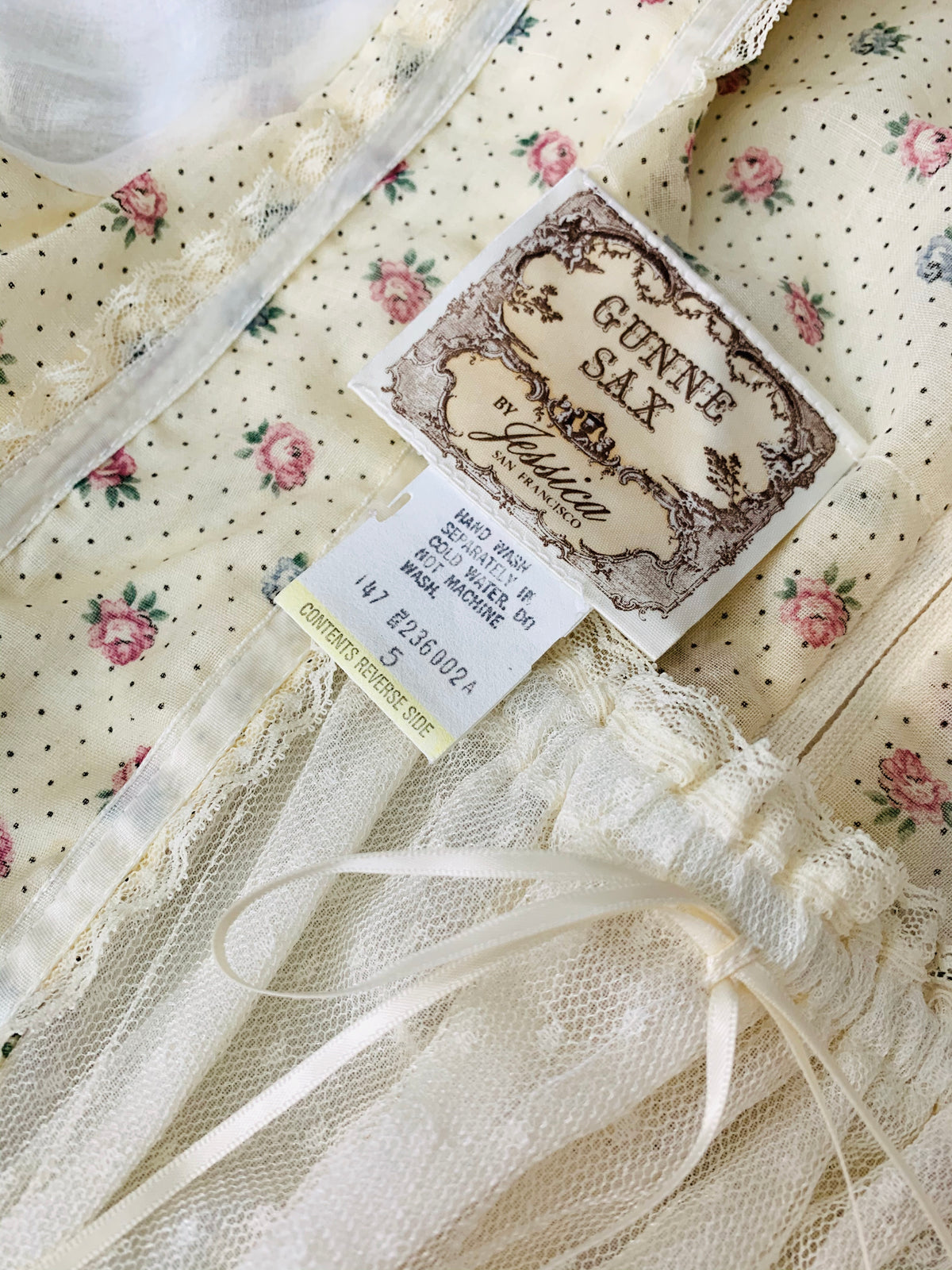 The Gunne Sax label is seen here on a floral print 1970s dress.