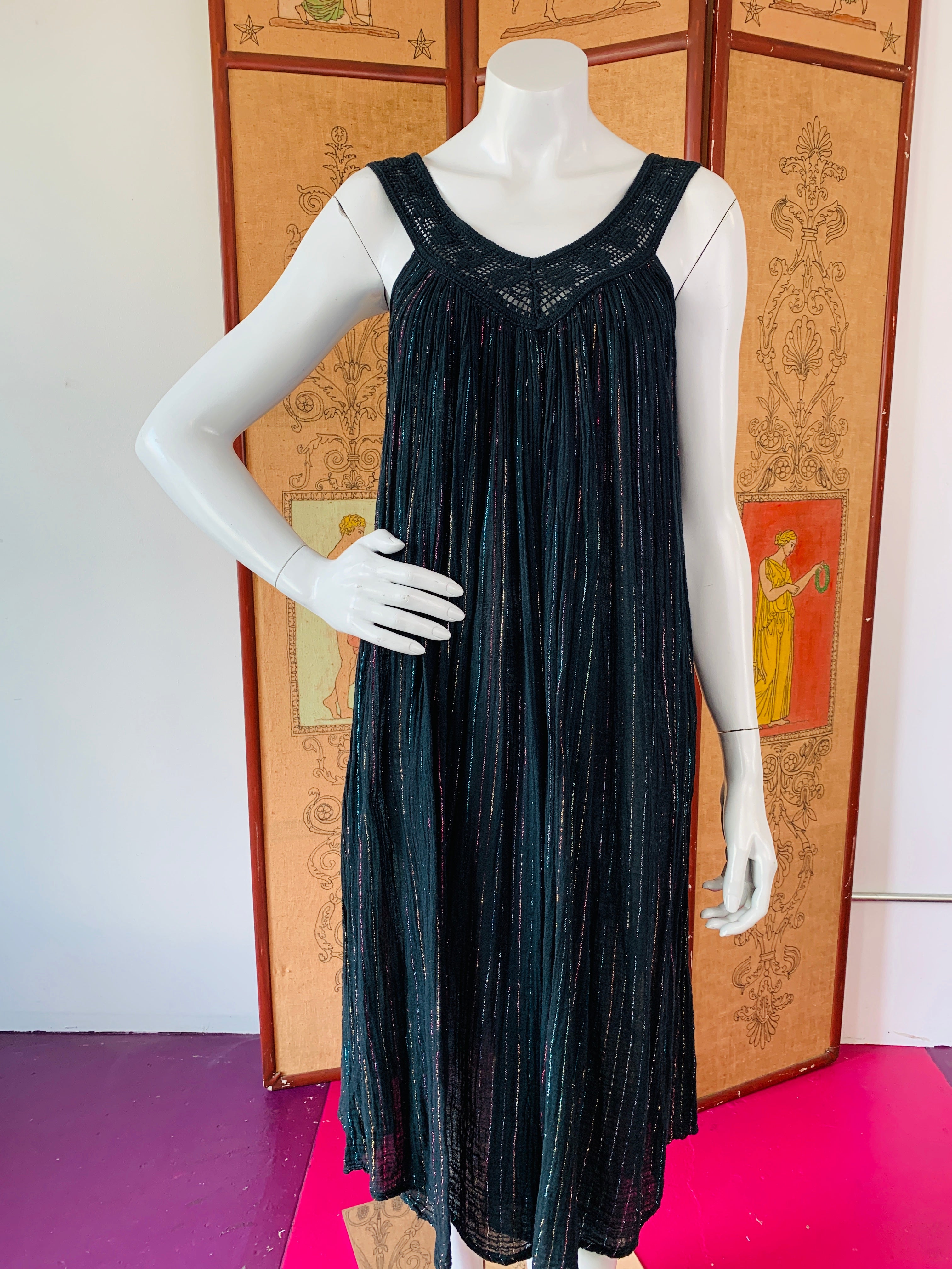 1970s Black Rainbow Cotton Gauze Metallic Dress — vintage 1970s dress in black, multicolour