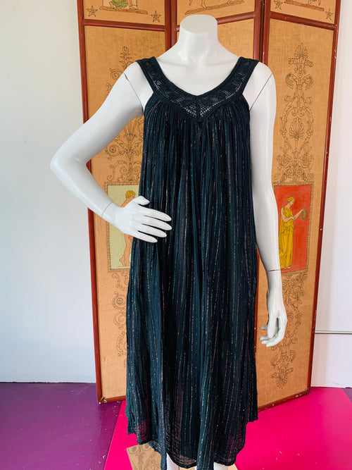 1970s Black Rainbow Cotton Gauze Metallic Dress — vintage 1970s dress in black, multicolour