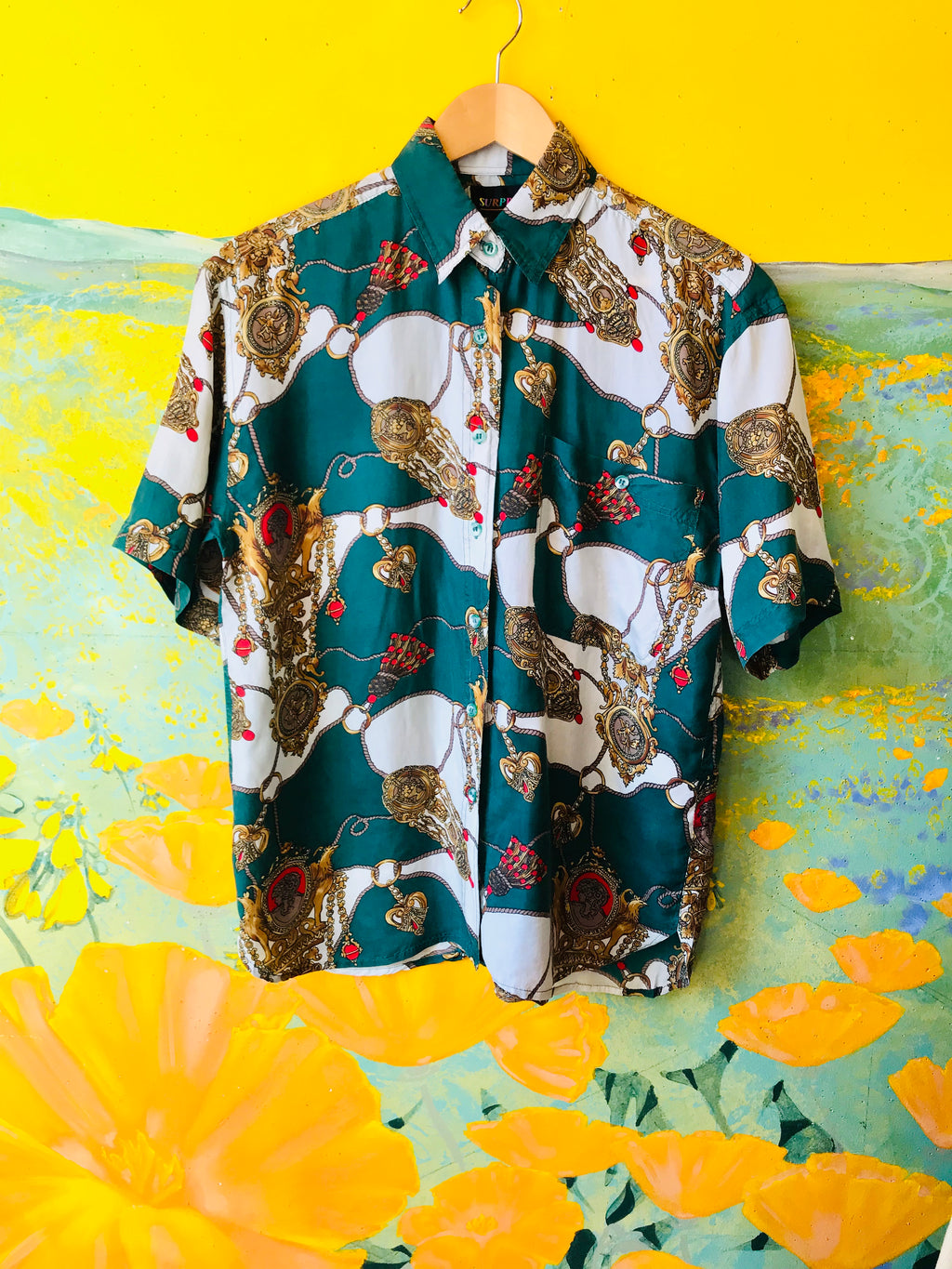 SOLD OUT Empress Signature Silk Royal Goddess Print Button Up Shirt — vintage top in white, gold, green