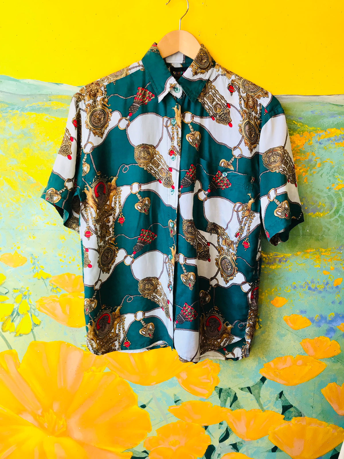 SOLD OUT Empress Signature Silk Royal Goddess Print Button Up Shirt — vintage top in white, gold, green
