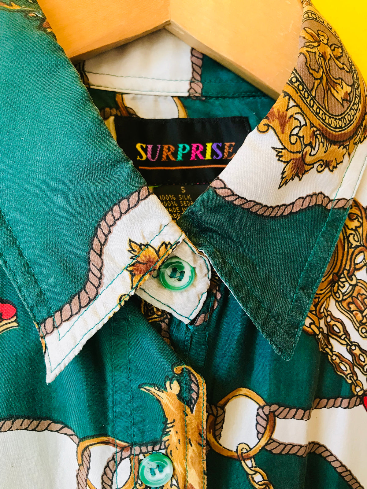 SOLD OUT Empress Signature Silk Royal Goddess Print Button Up Shirt — vintage top in white, gold, green