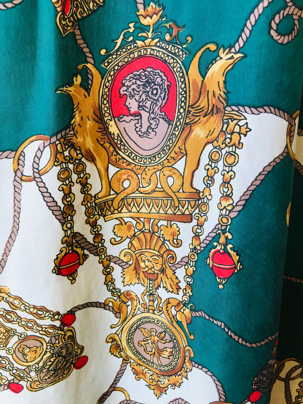 SOLD OUT Empress Signature Silk Royal Goddess Print Button Up Shirt — vintage top in white, gold, green